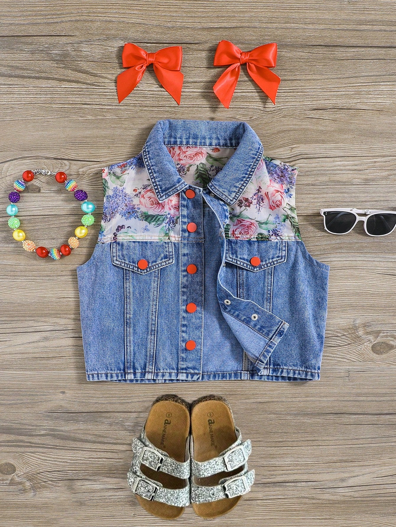 Teen Girl Summer Trendy Stonewashed Floral Print Color Block Denim Jeans Vest Jacket,Girls Summer Vacation Clothes Outfits