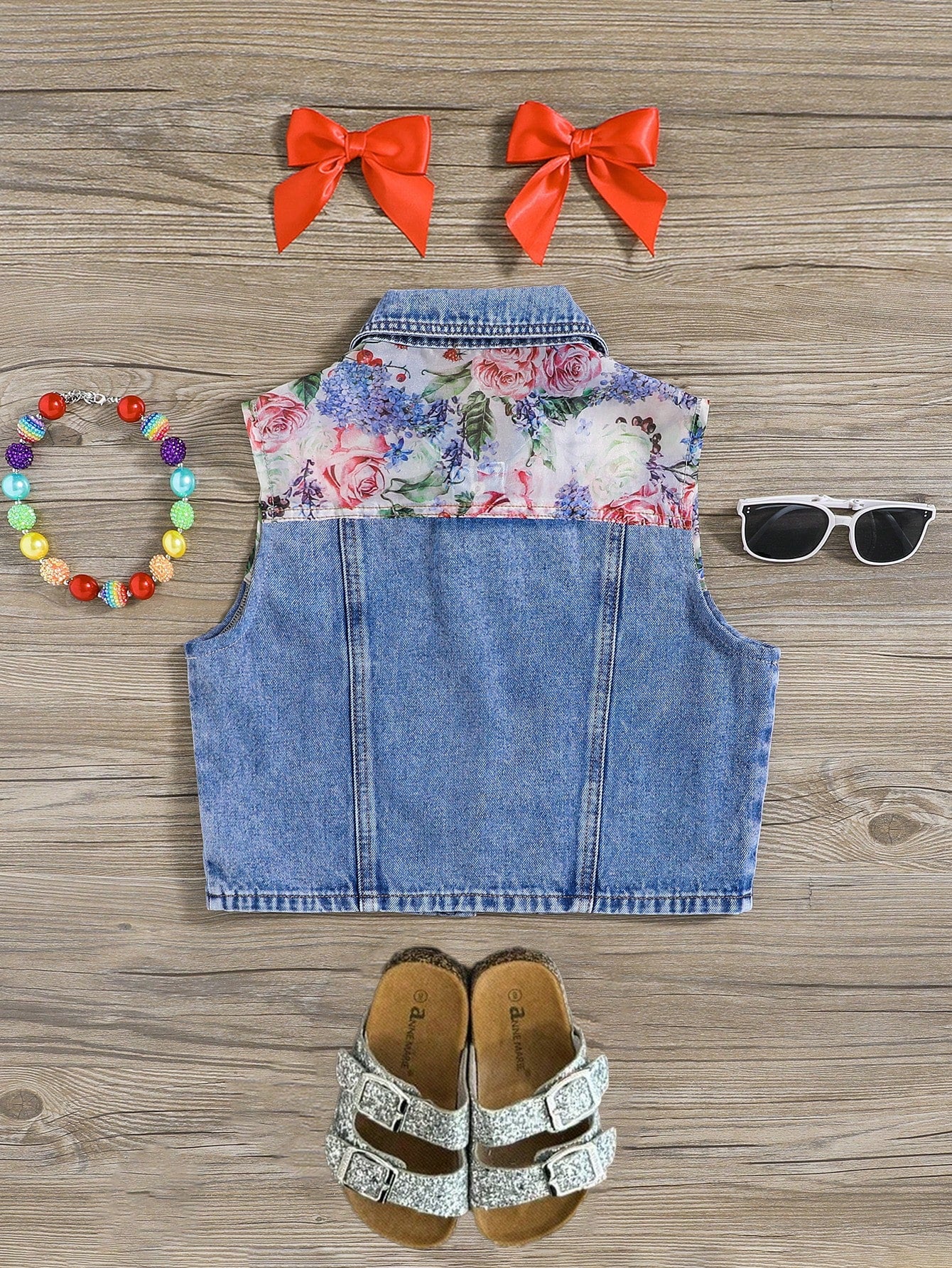 Teen Girl Summer Trendy Stonewashed Floral Print Color Block Denim Jeans Vest Jacket,Girls Summer Vacation Clothes Outfits