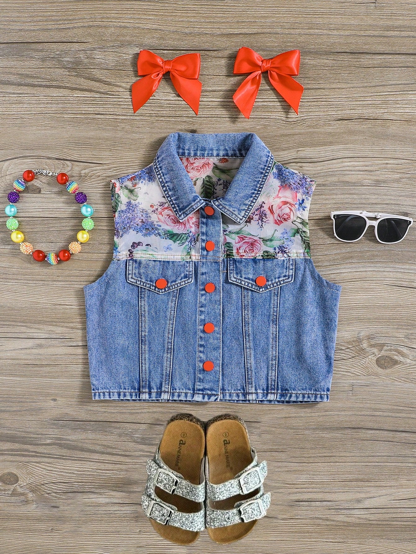 Teen Girl Summer Trendy Stonewashed Floral Print Color Block Denim Jeans Vest Jacket,Girls Summer Vacation Clothes Outfits