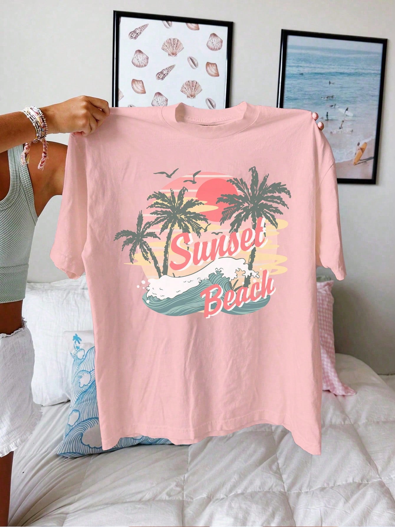 Teen Girl Vintage Casual Summer Coconut Tree Landscape Printed Knitted Oversized T-Shirt, Suitable For Summer