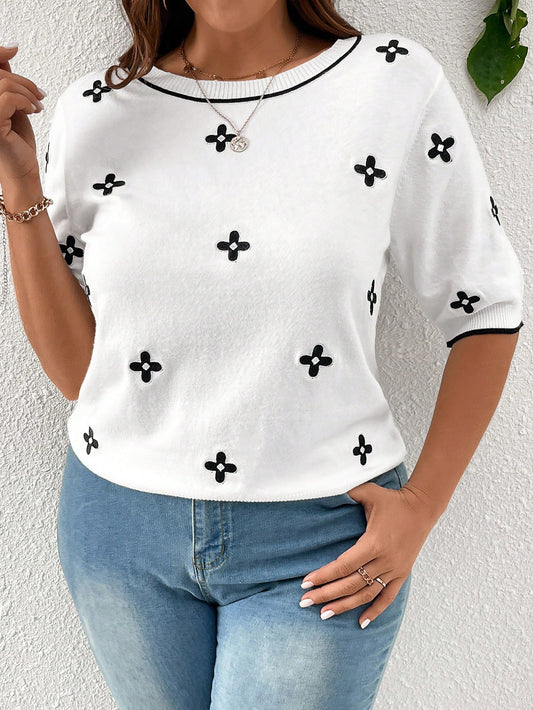 Plus Size Colorblock Floral Pattern Casual Round Neck Pullover Sweater