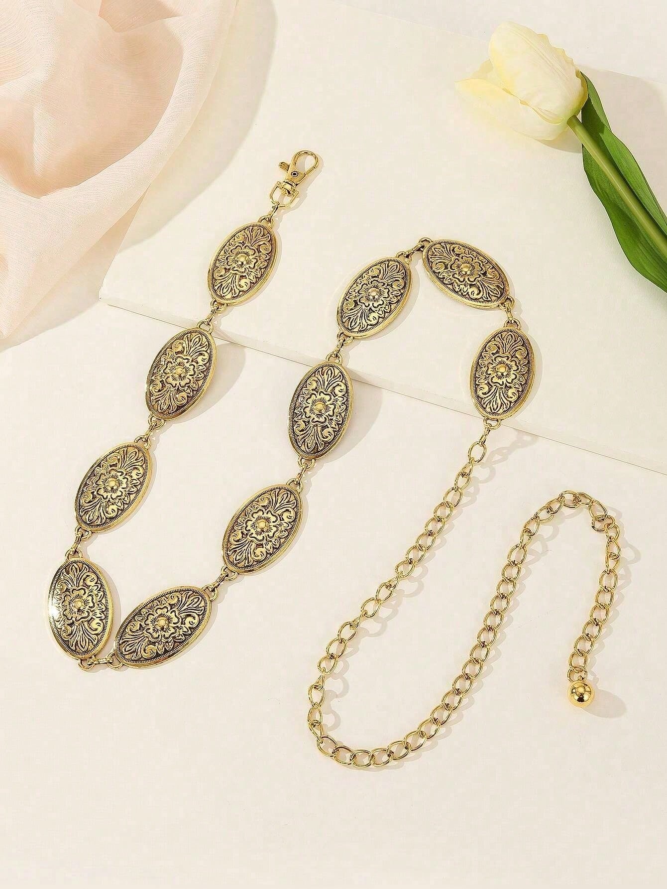 1pc Western Floral Textured Oval Decor Chain Belt Decorative Waist Chain Dress Belt Boho