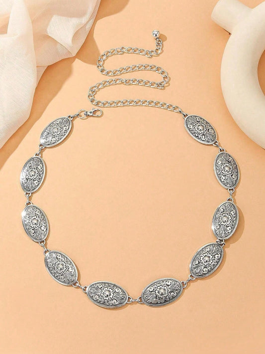 1pc Western Floral Textured Oval Decor Chain Belt Decorative Waist Chain Dress Belt Boho