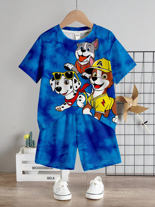 Young Boy Casual Cartoon Animal Puppy Pattern Round Neck Short Sleeve T-Shirt And Shorts Set, Suitable For Summer