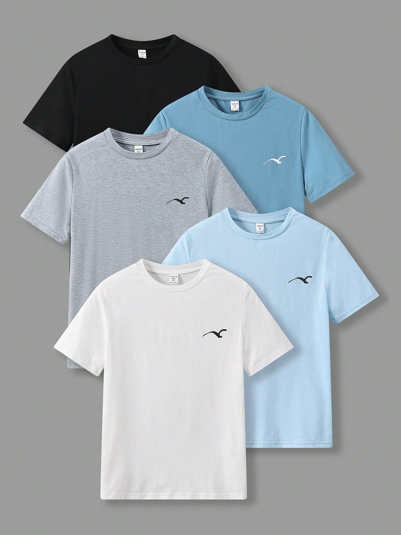 Tween Boy 5pcs Loose Fit Casual Round Neck Seagull Print Short Sleeve T-Shirts