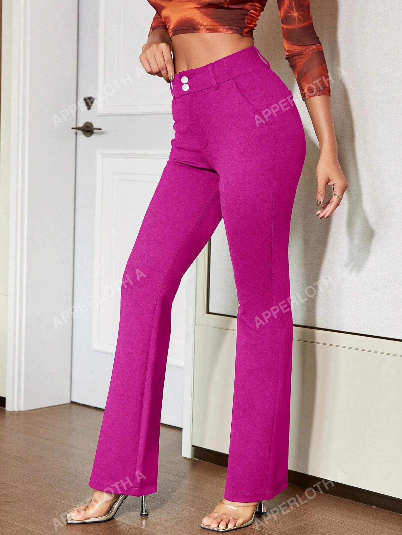 A Elegant High Waist Double Button Slant Pocket Wide Leg Work Pants Trousers