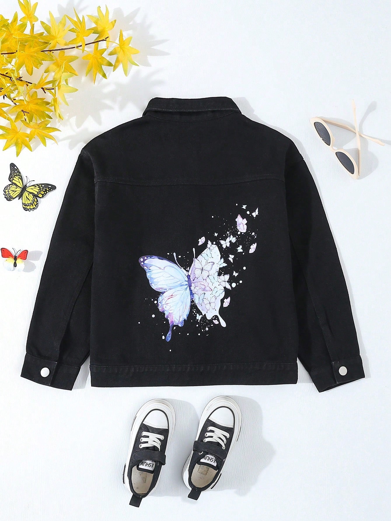 Tween Girl Butterfly Print Denim Jacket