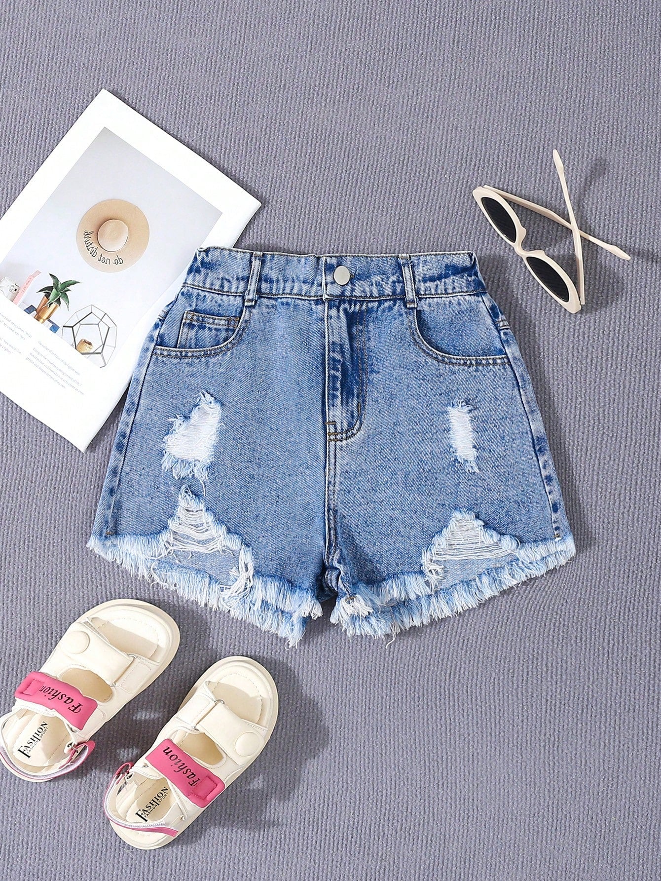 Kids Tween Girl Summer Washed Casual Distressed Denim Shorts , Solid Color, Loose And Lightweight