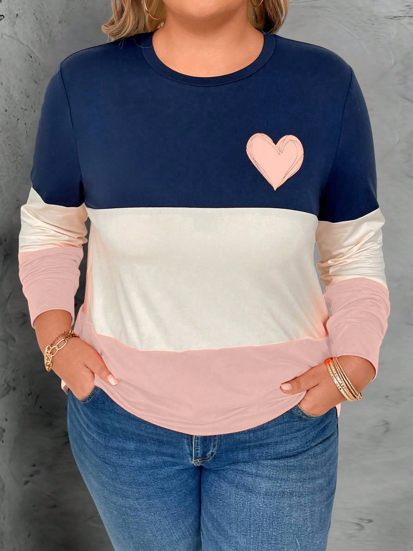 Plus Size Women's Heart Pattern Three-Color Splicing T-Shirt