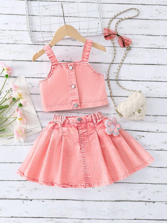 Young Girl Summer Casual Washed Denim Suspender Top & Skirt Set