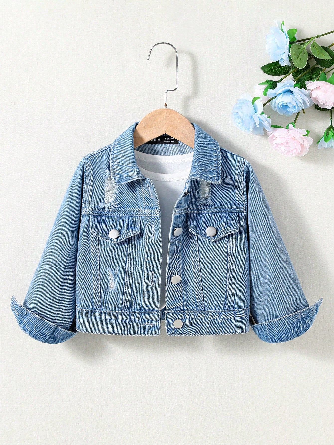 Young Girl Spring & Autumn Casual Fit Long Sleeve Distressed Denim Jacket