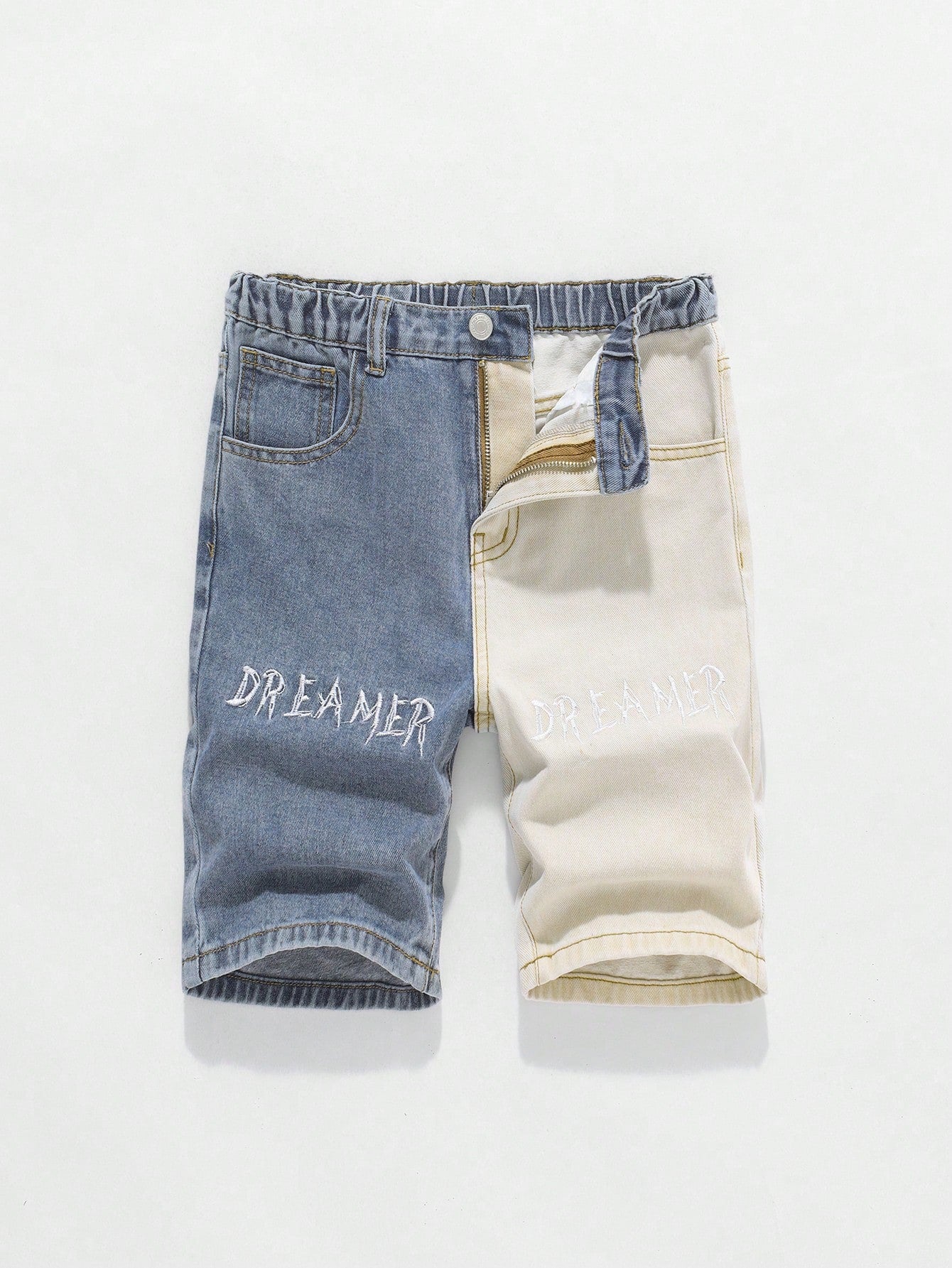 Tween Boy Streetwear Color-Block Loose Fit Straight Leg Denim Shorts With Letter Embroidery