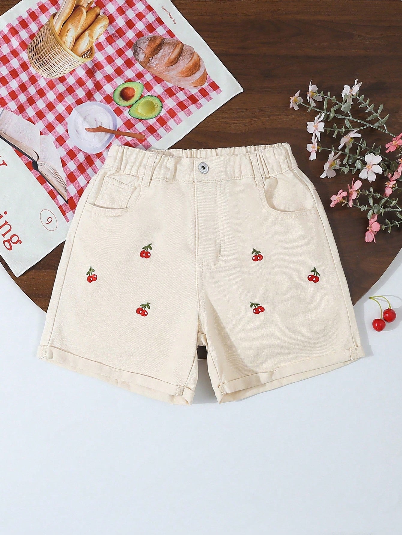 Tween Girl Summer Style Cute Cherry Embroidery Denim Shorts With Countryside Vacation Theme