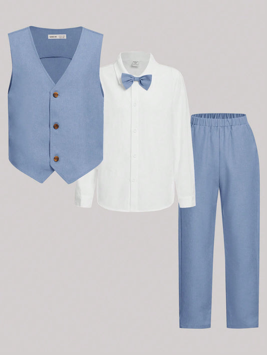 Tween Boy Casual Elegant Comfortable Vest And Shirt And Long Pants Three-Piece Set