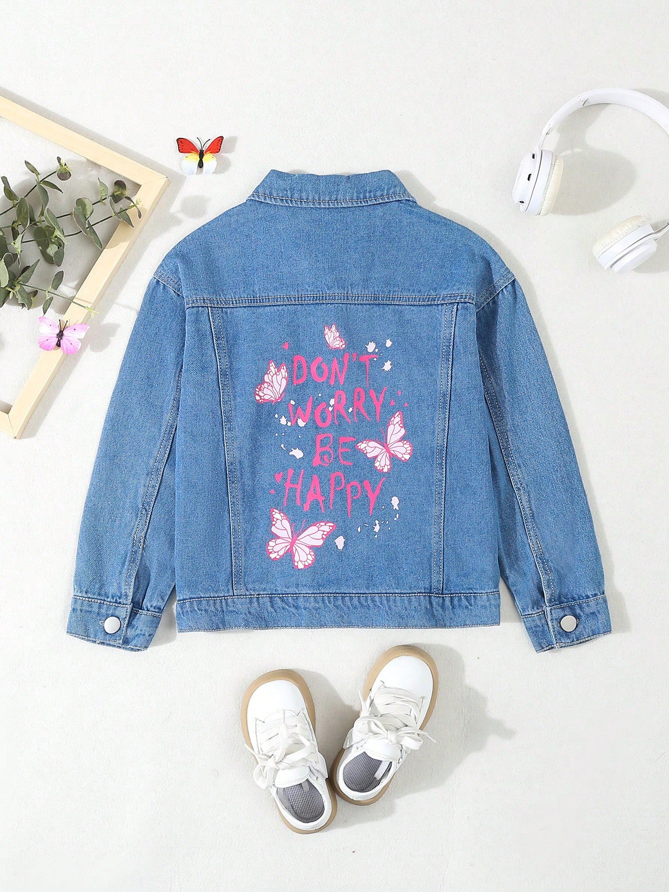 Streecool Kids Girls' Loose Regular-Fit Pink Butterfly Letter Print Denim Jacket