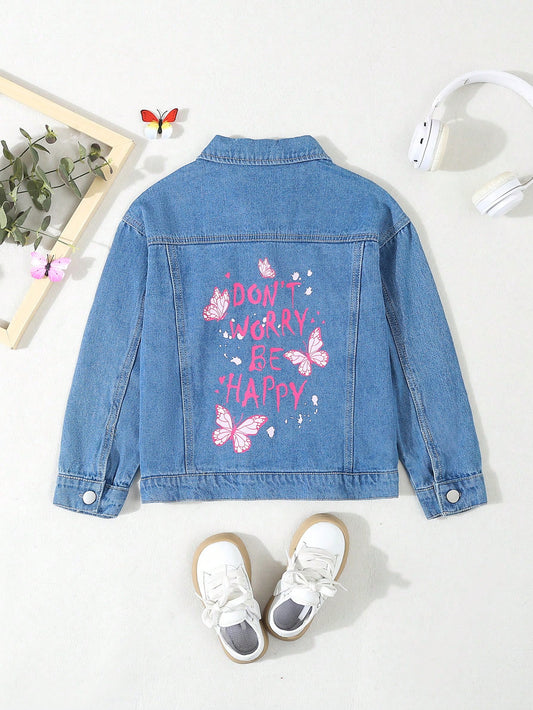 Tween Girl Loose Regular Fit Pink Printed Butterfly & Letter Denim Jacket