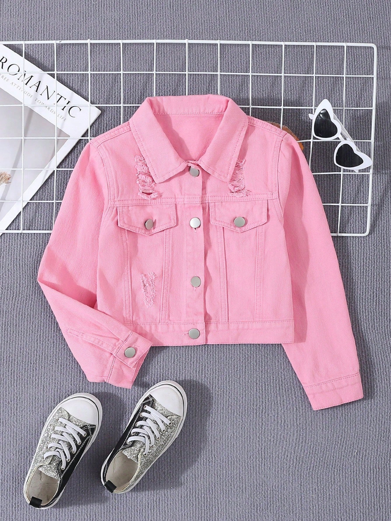 Young Girl Casual Distressed Denim Jacket, Washed