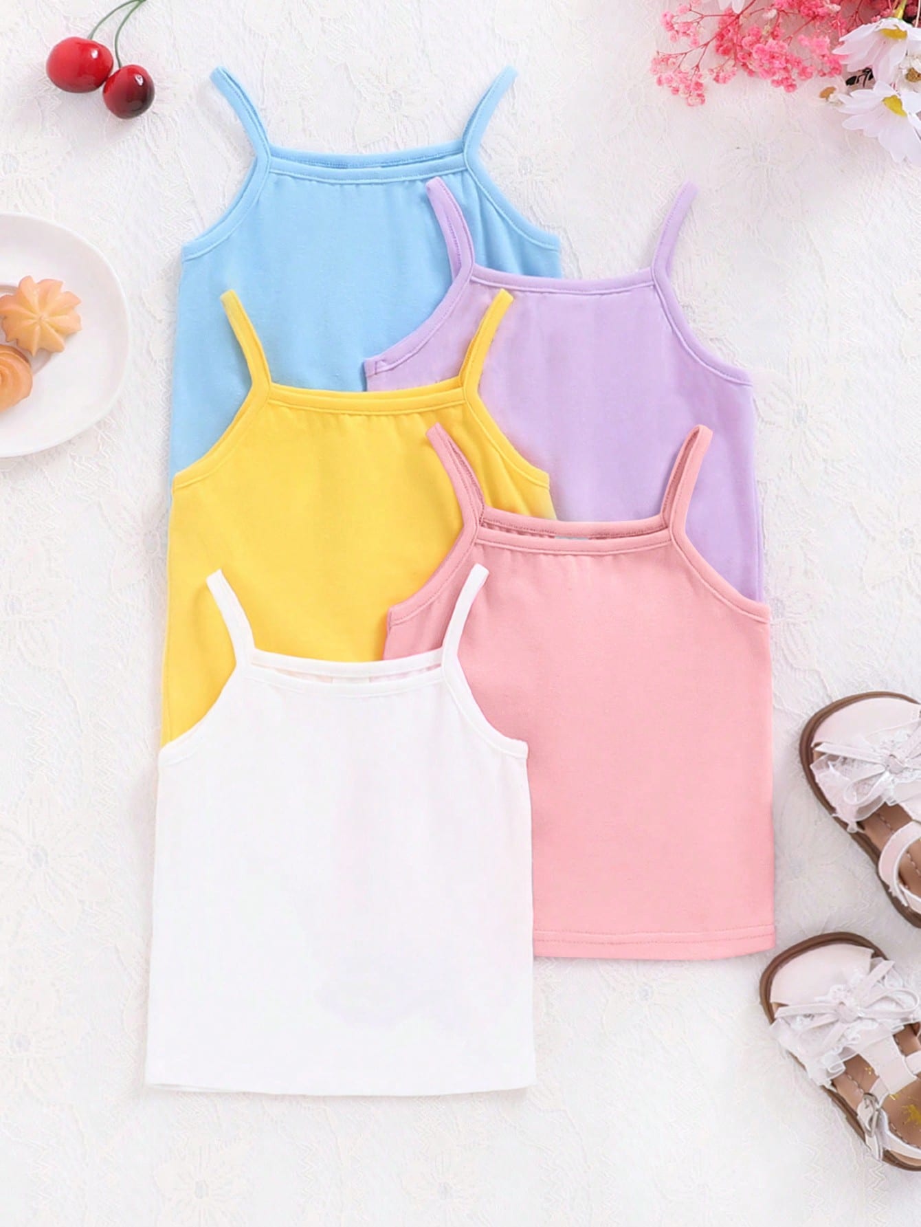 Young Girl 5pcs Solid Knitted Sleeveless Casual Camisole Top Set