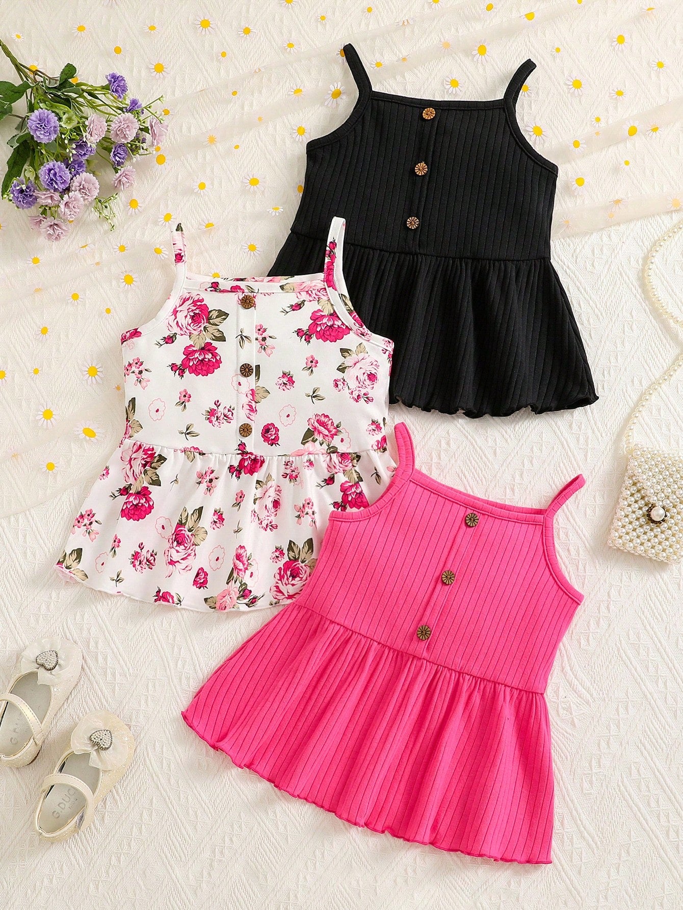 Young Girl 3pcs Set Decorative Buckle, Ruffle Hem, Cute And Casual Camisole Tank Tops