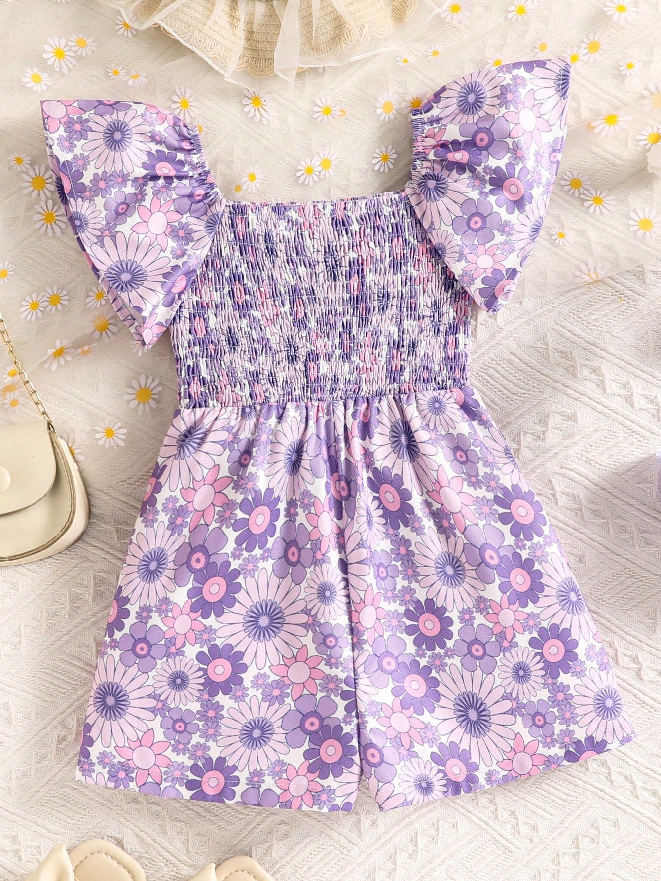 Young Girl's Cute And Casual Ruffles And Flower Printed Romper With Square Neckline And Short Sleeves