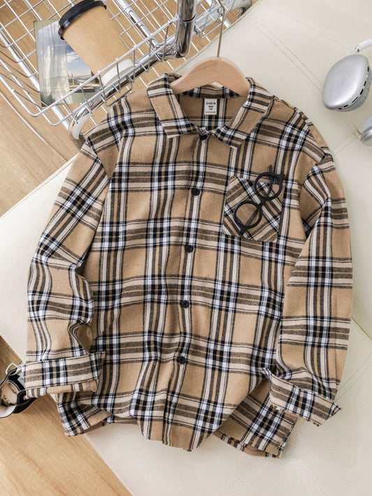 Tween Boys Extended Size Loose Fit Casual Checkered Long Sleeve Shirt With Collar