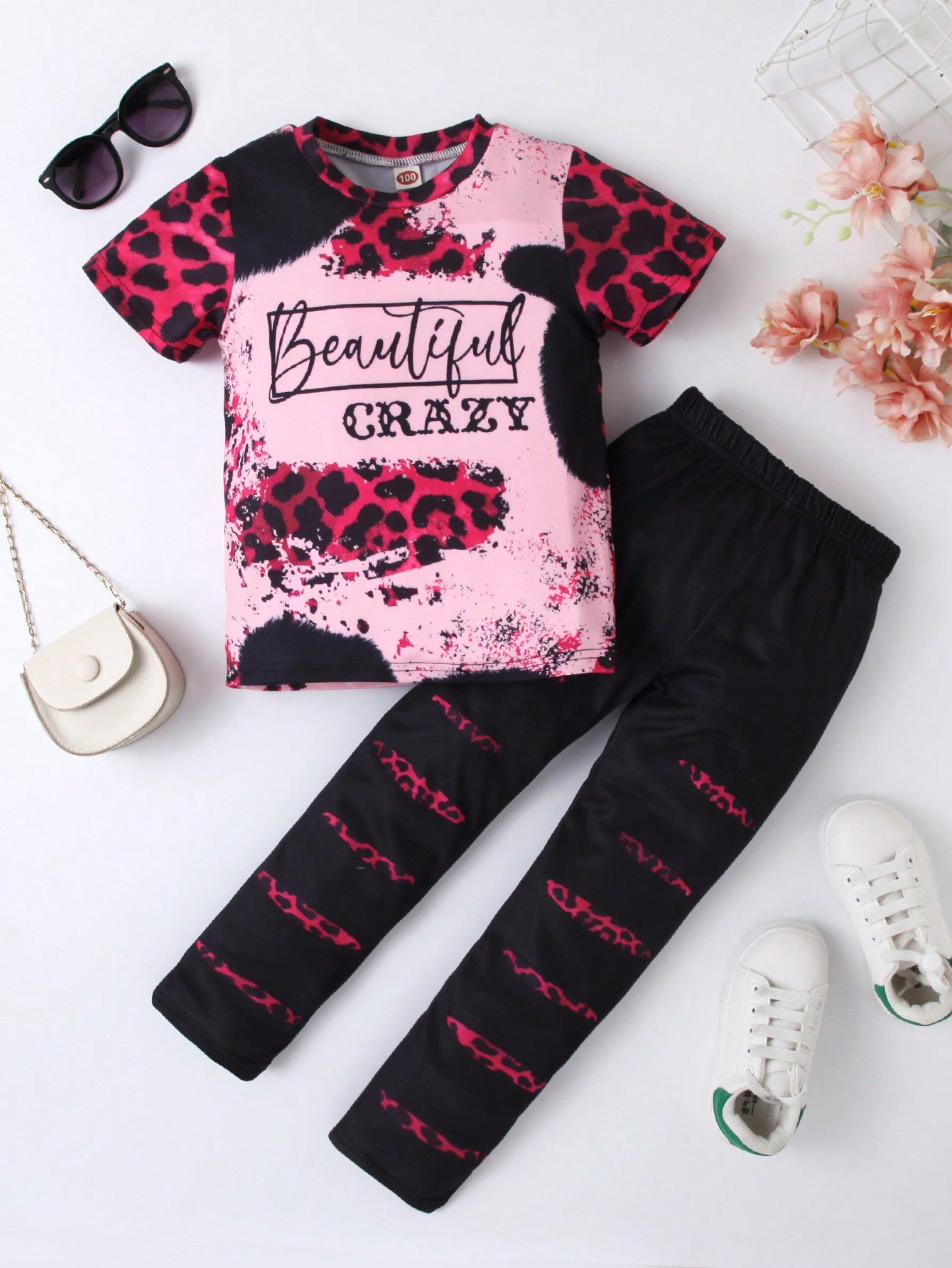 2pcs Young Girl Casual Style Letter & Leopard Print Short-Sleeve Knitted T-Shirt And Long Pants Set, Spring/Summer