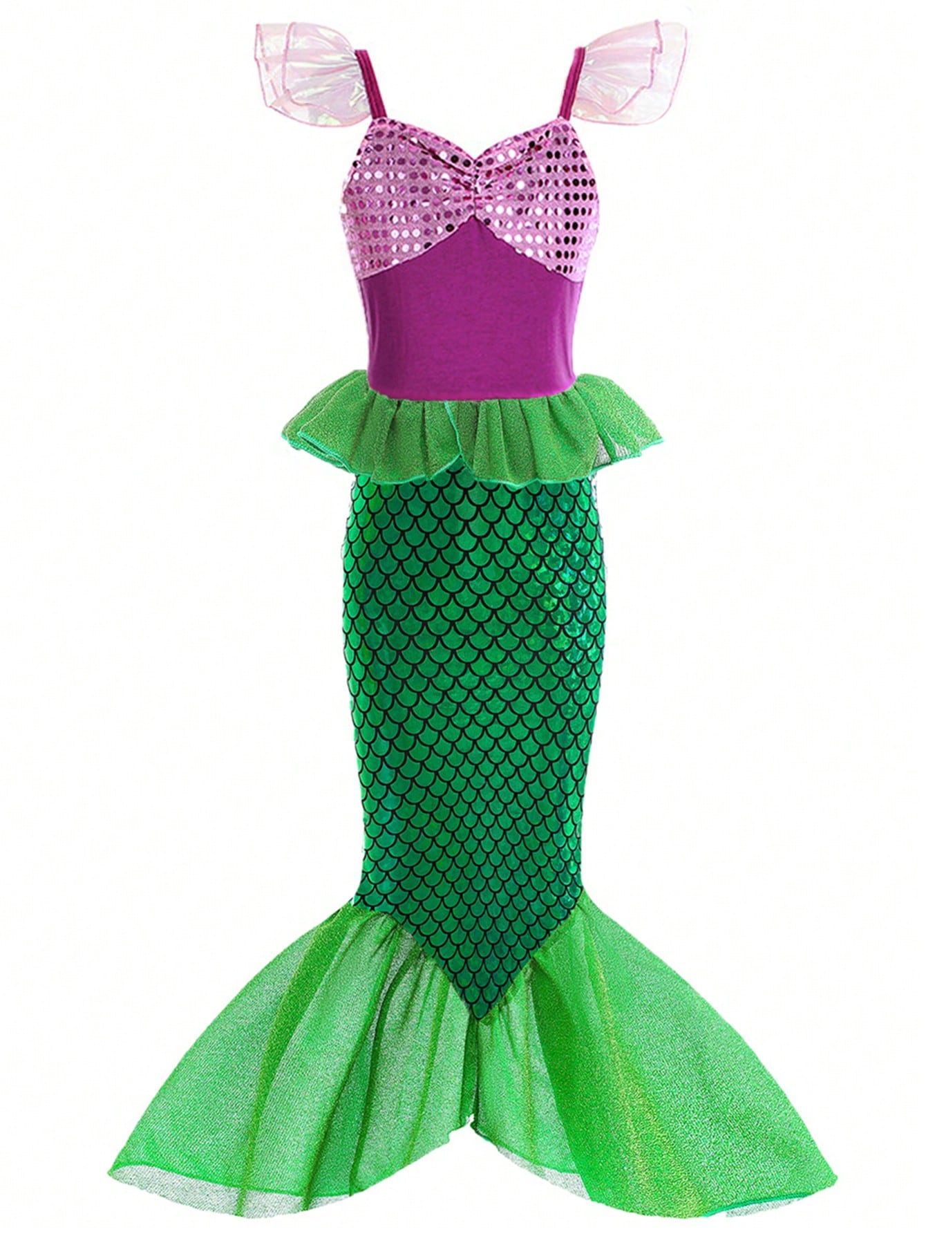 Young Girl Classic Mermaid Princess Party Dress With Flying Sleeves, Sequined Fish Tail Formal Evening Gown For Performance