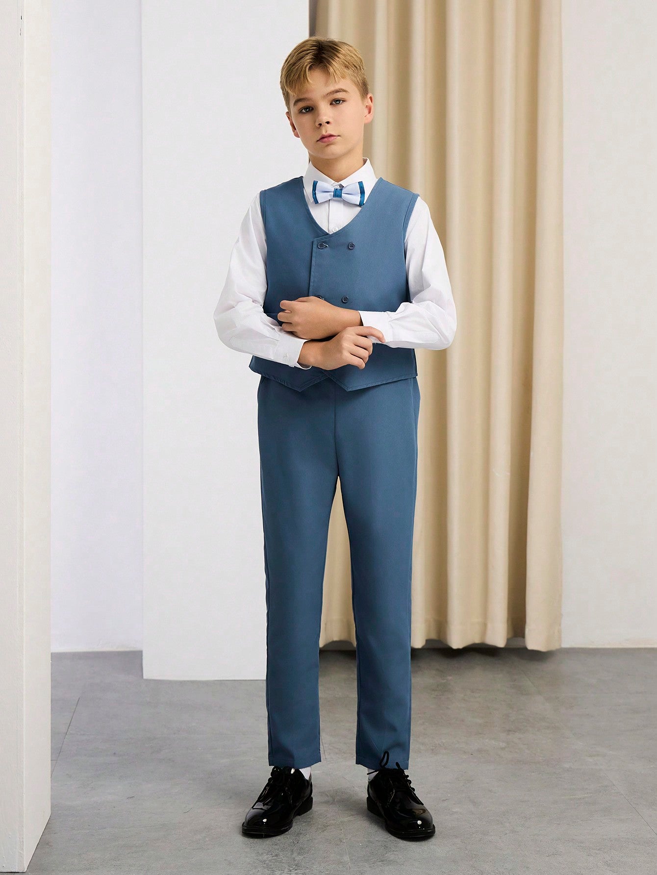 2pcs Tween Boys' Gentleman Suit Set, Including Double-Breasted Vest And Coat, Pants For Elegant And  Dressing, Suitable For Birthday Parties, Wedding, Baptisms And Other Celebrations