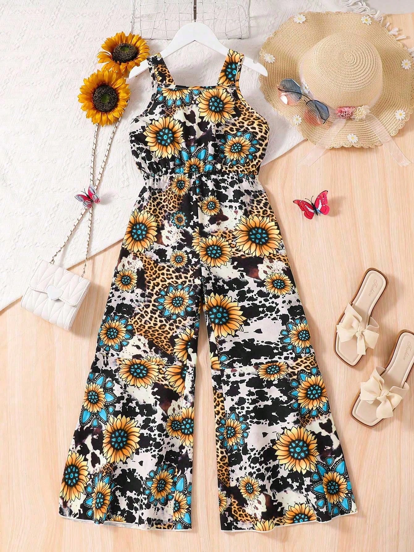 Tween Girl Flower Allover Print Jumpsuit With Spaghetti Straps And Wide Leg Palazzo Pants, Summer Casual Outfit