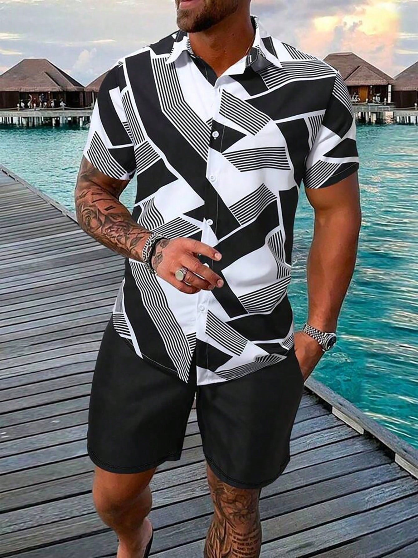 Men's Plus Size Striped & Printed Short Sleeve Shirt And Shorts Set, Summer (Random Cutting)