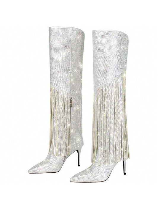 Women's Shiny Rhinestone Tassel Pointed Stiletto Heel Knee-High Boots