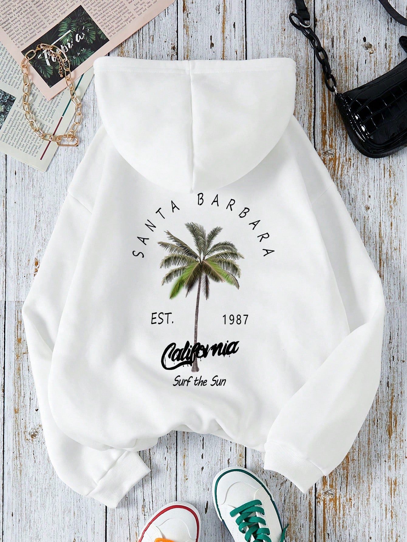 Women's Coconut Tree & Letter Printed Hooded Sweatshirt With Drawstring And Fleece Lining SANTA BARBARA EST 1987 California Surf The Sun