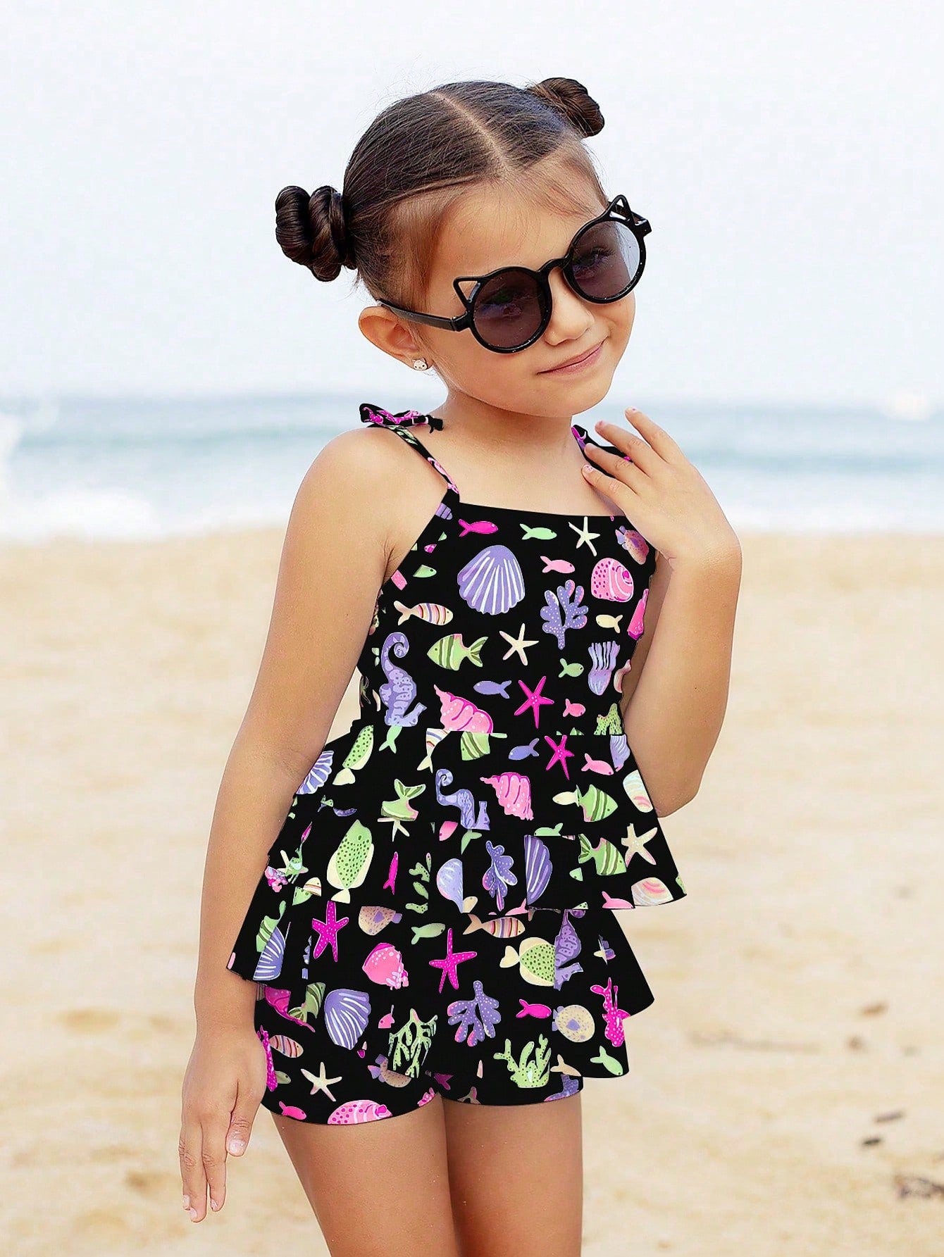 Young Girls' Summer Beach Allover Print Layered Cami Top And Boyshorts Tankini Swimsuit Set