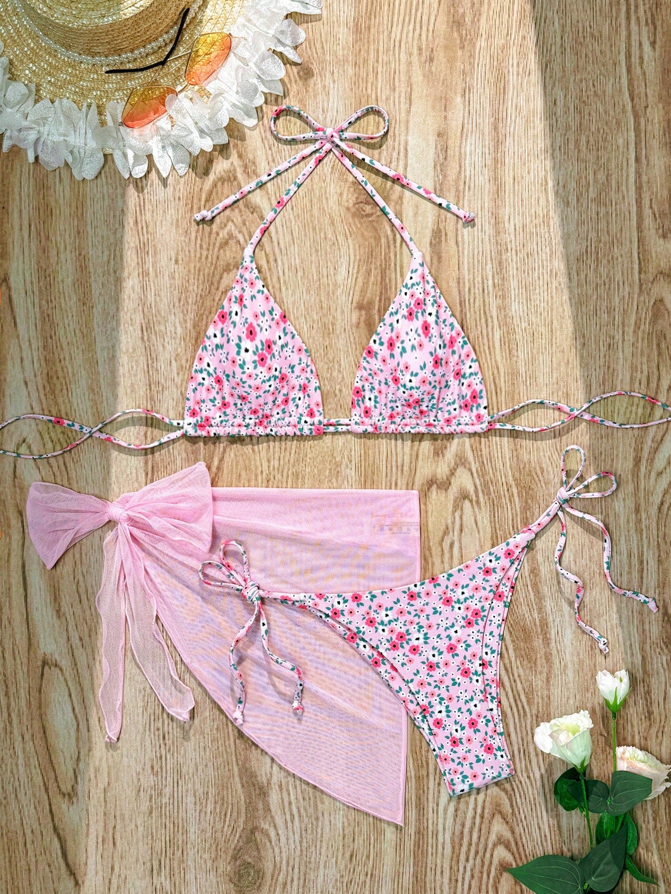 Swim Summer Beach Halter Triangle Neon Top & Tie Side Bikini Bottom & Marble Print Mesh Cover Up Skirt Bikini Set 3 Pieces Bikini Bathing Suit