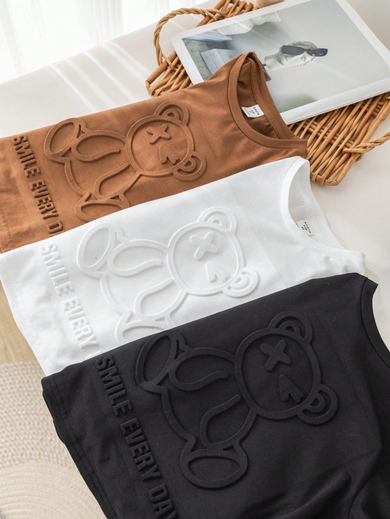 Young Boy Casual Korean Style 3D Embossed Lovely Fun Bear T-Shirt, Multi-Pack (3 Designs, 1 Piece Per Design), Summer Outfits