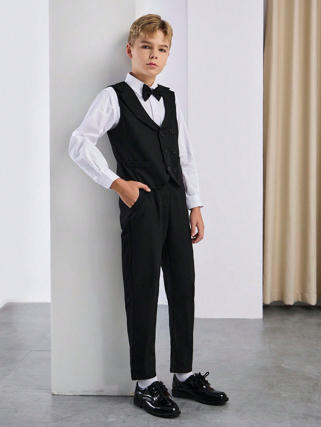 Tween Boy Gentlemen's 3-Pc Suit Set - Black Bow Tie & Collared Vest, And Black Dress Pants - Stylish And Appropriate For Birthday Parties, Evening Parties, Performances & Weddings