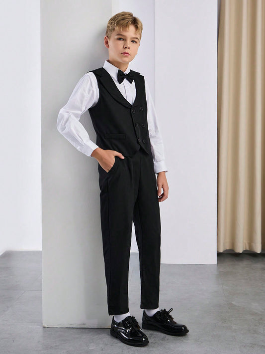 Tween Boy Gentlemen's 3-Pc Suit Set - Black Bow Tie & Collared Vest, And Black Dress Pants - Stylish And Appropriate For Birthday Parties, Evening Parties, Performances & Weddings