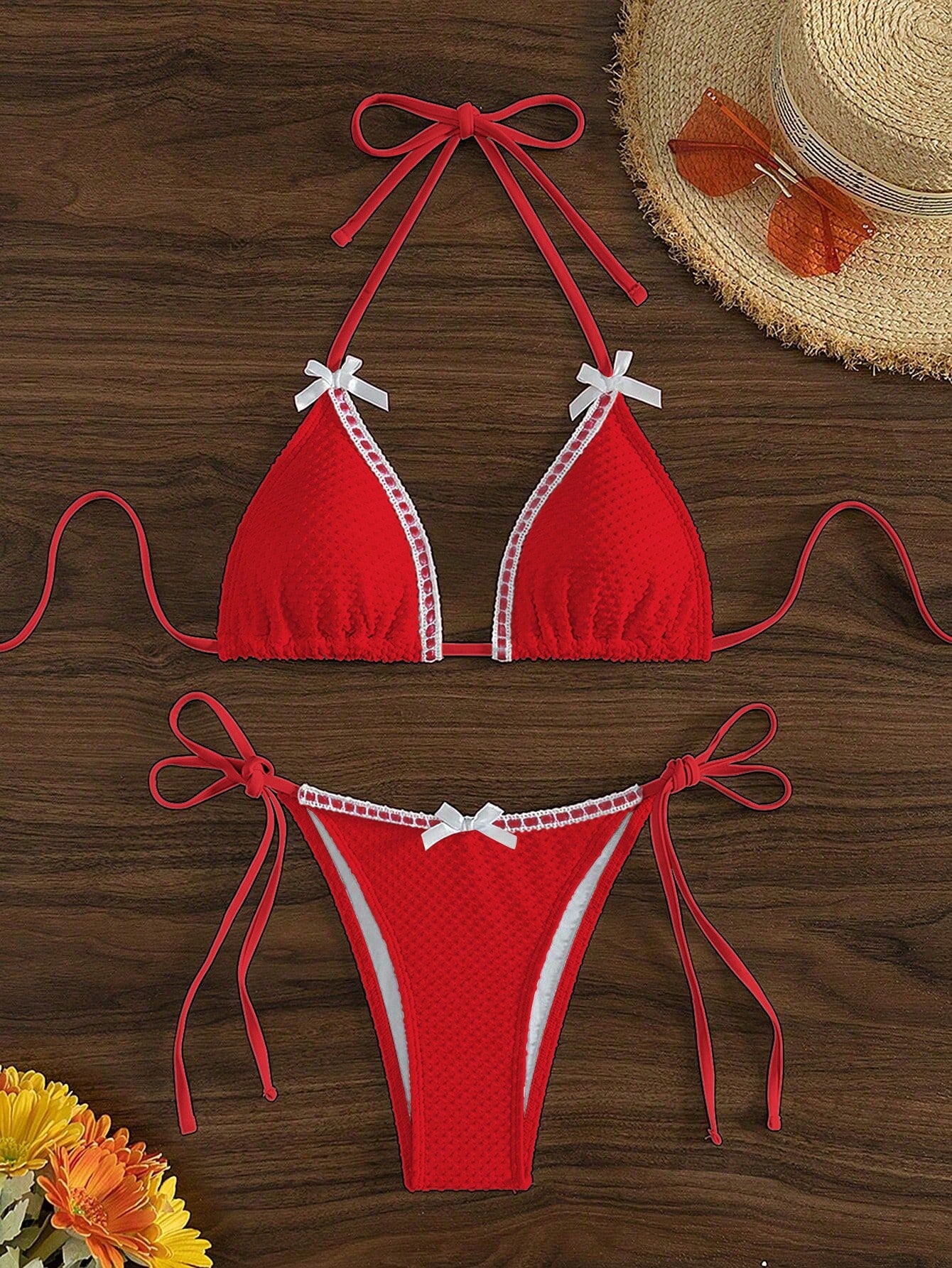 Swim Summer Beach Women Vacation Solid Color Bikini Set With Bow-Knot Decoration, Halter Neck Tie, And Separated Bikini Set