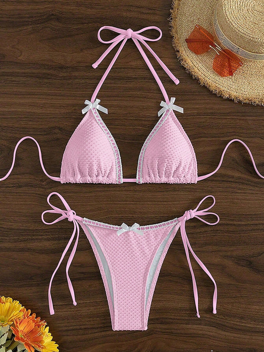 Women's Summer Beach Bikini Set, Bow Decorated Halter Halter Sexy Two-Piece Bikini Set