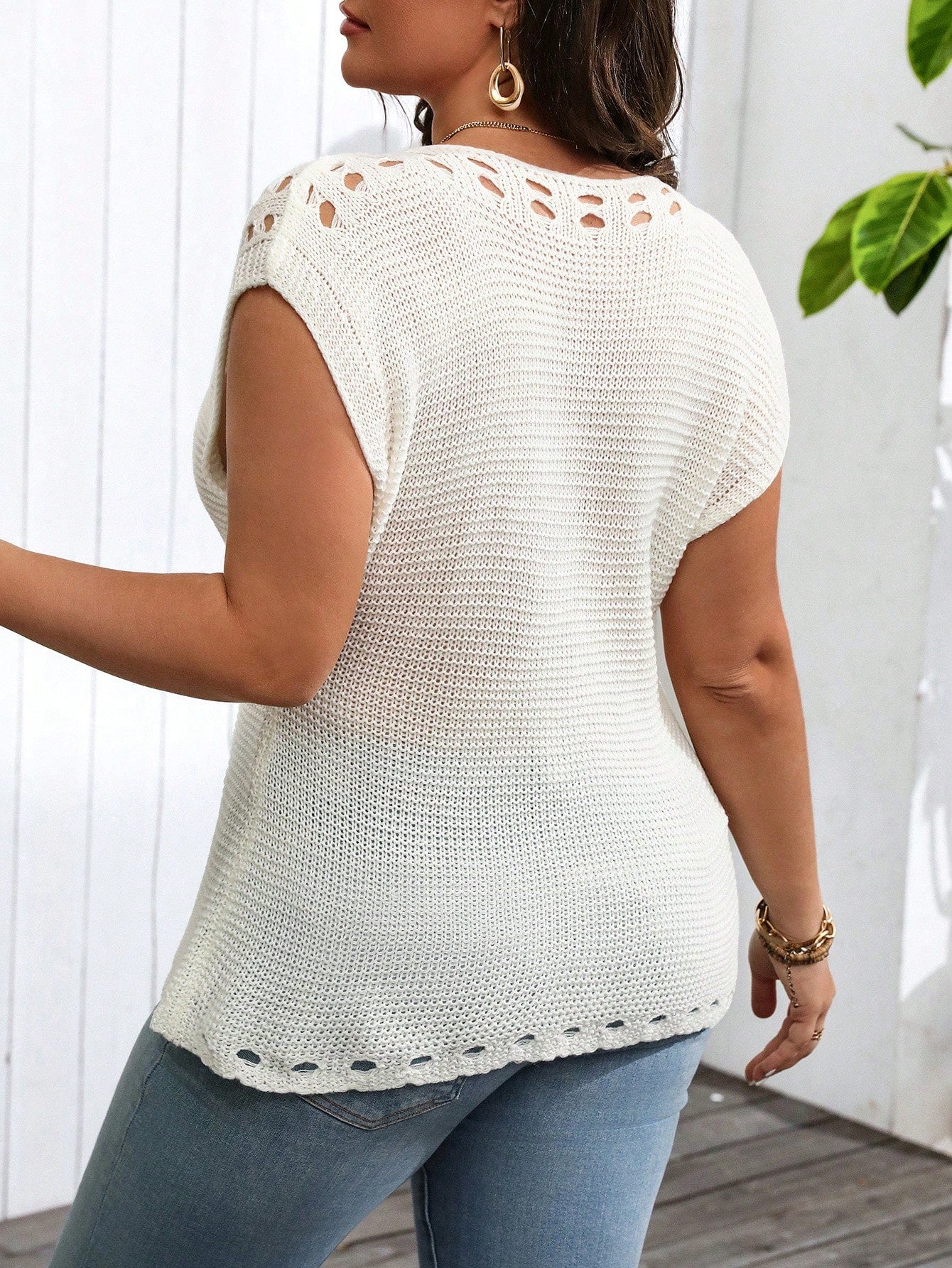 Frenchy Plus Size Women's Solid Color Hollow Out Casual Sweater Vest