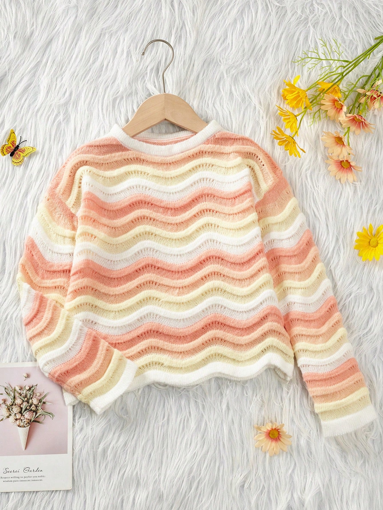 Young Girl Cute Gradient Color Wavy Pattern Lightweight Sweater