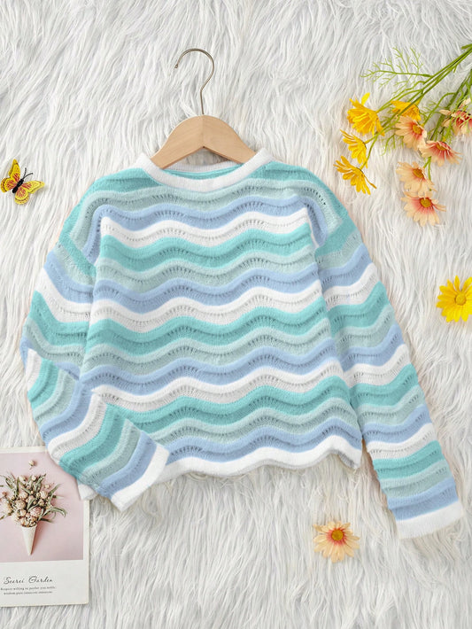 Young Girl Cute Gradient Wave Pattern Lightweight Sweater