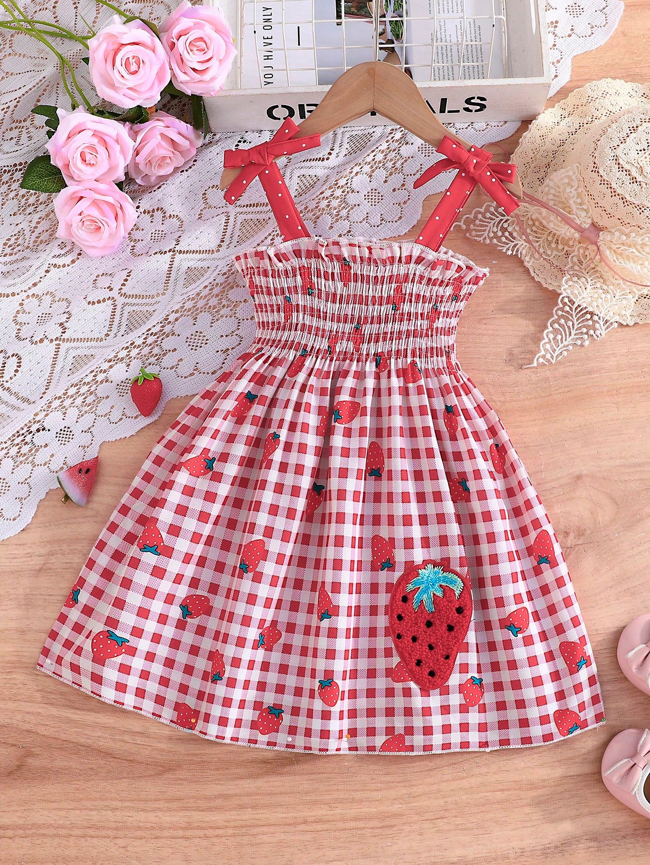 Young Girl Summer Fashion Plaid Sling Dress With Cute Strawberry Print, Embroidery Accent