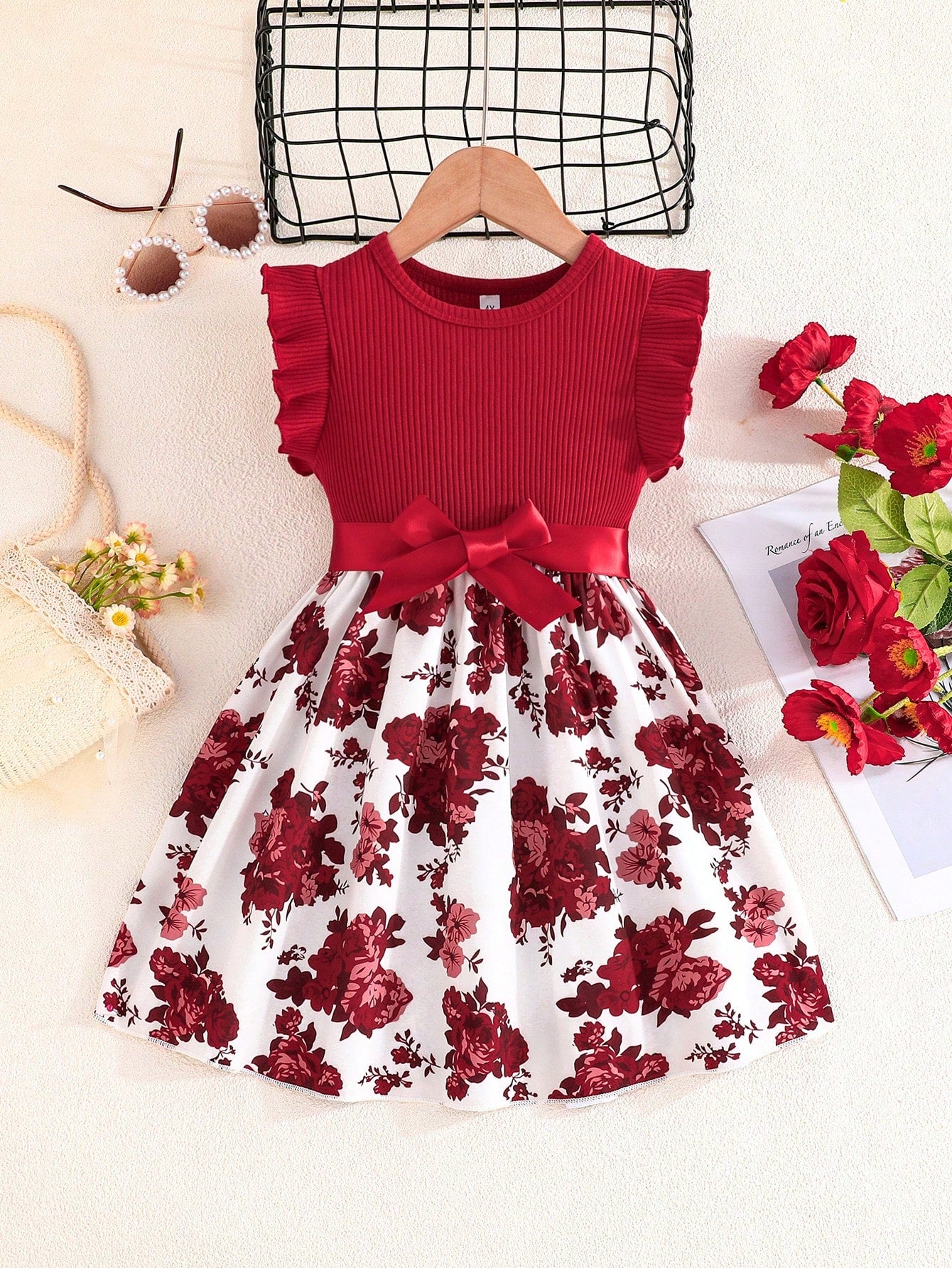 Young Girl Summer New Arrival Fashionable Dress With Ruffle Cuffs And Pocket Design, Featuring Floral Print And Striped Patchwork Details