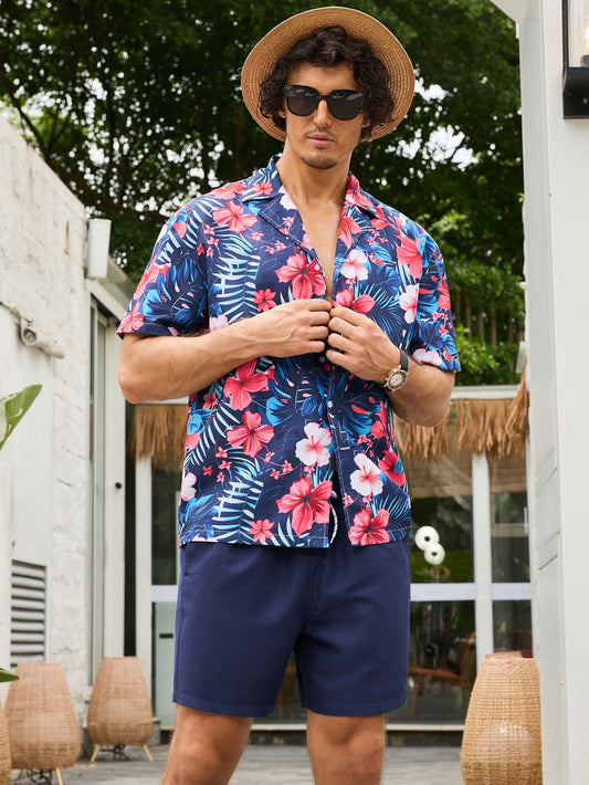 Men's Summer Vacation Tropical Print Short Sleeve Shirt With Solid Color Shorts Beach Set