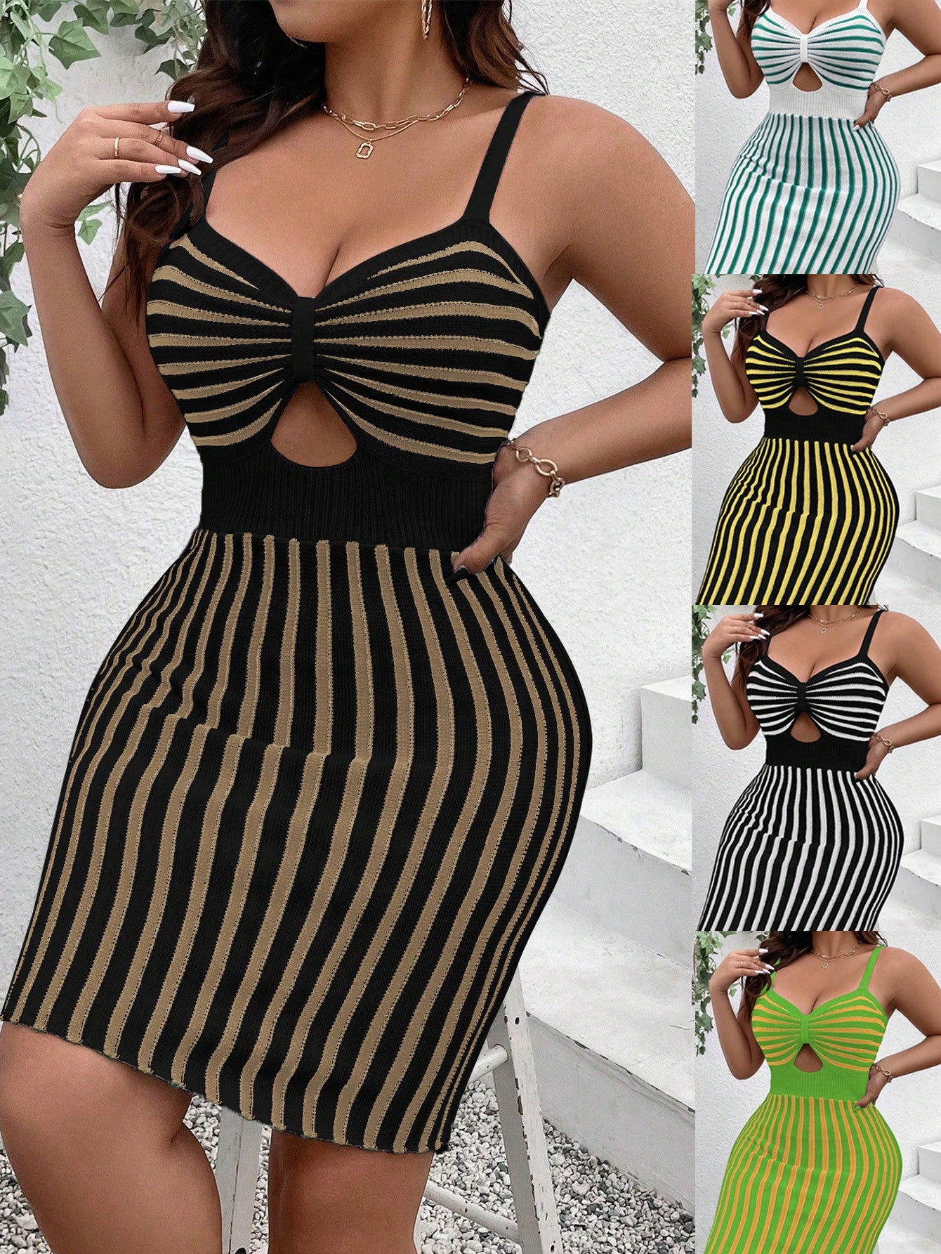 Women's Plus Size Striped Hollow Out Cami Sweater Dress