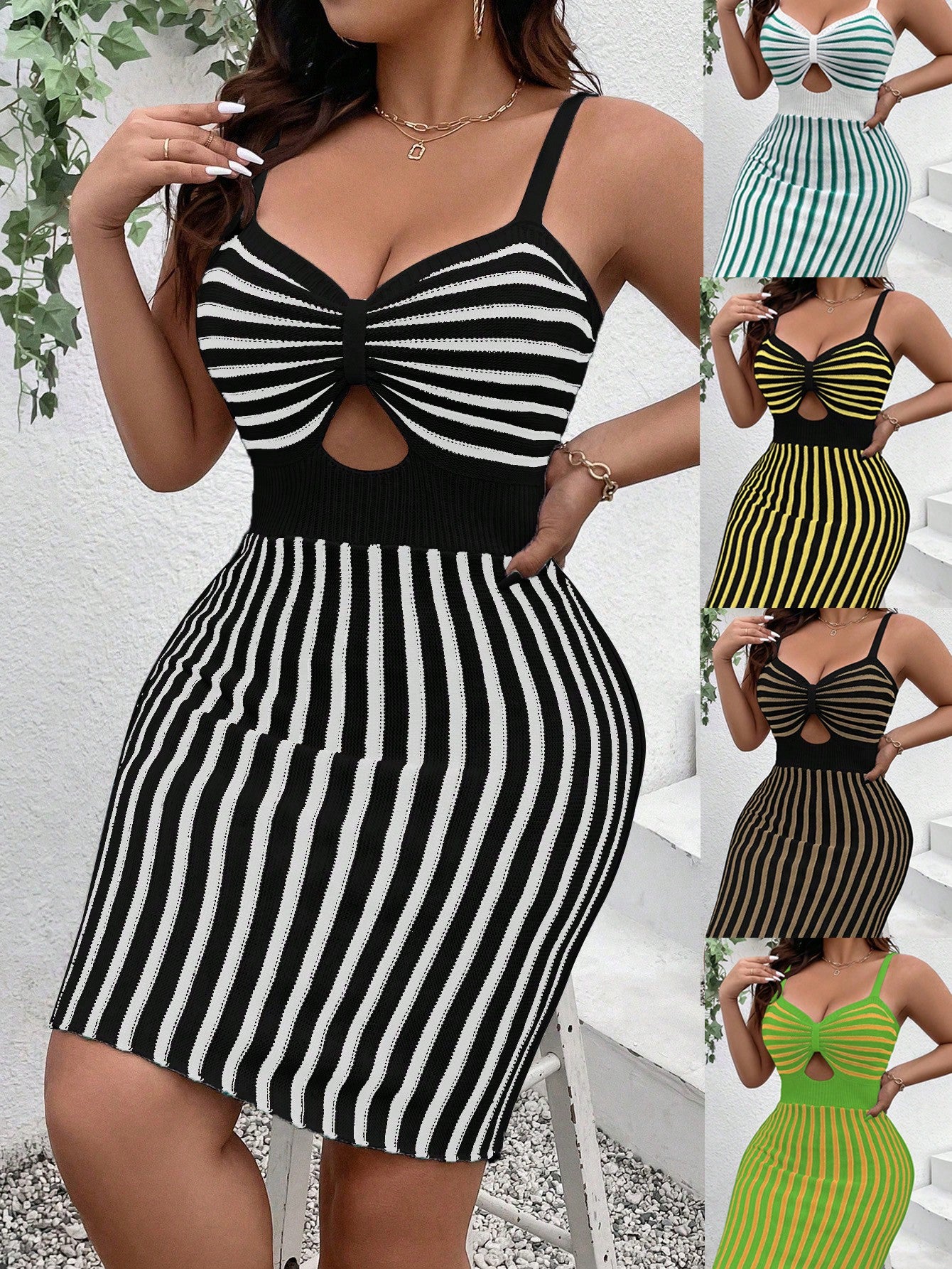 Plus Size Women's Striped Cut-Out Waist Sleeveless Sweater Dress