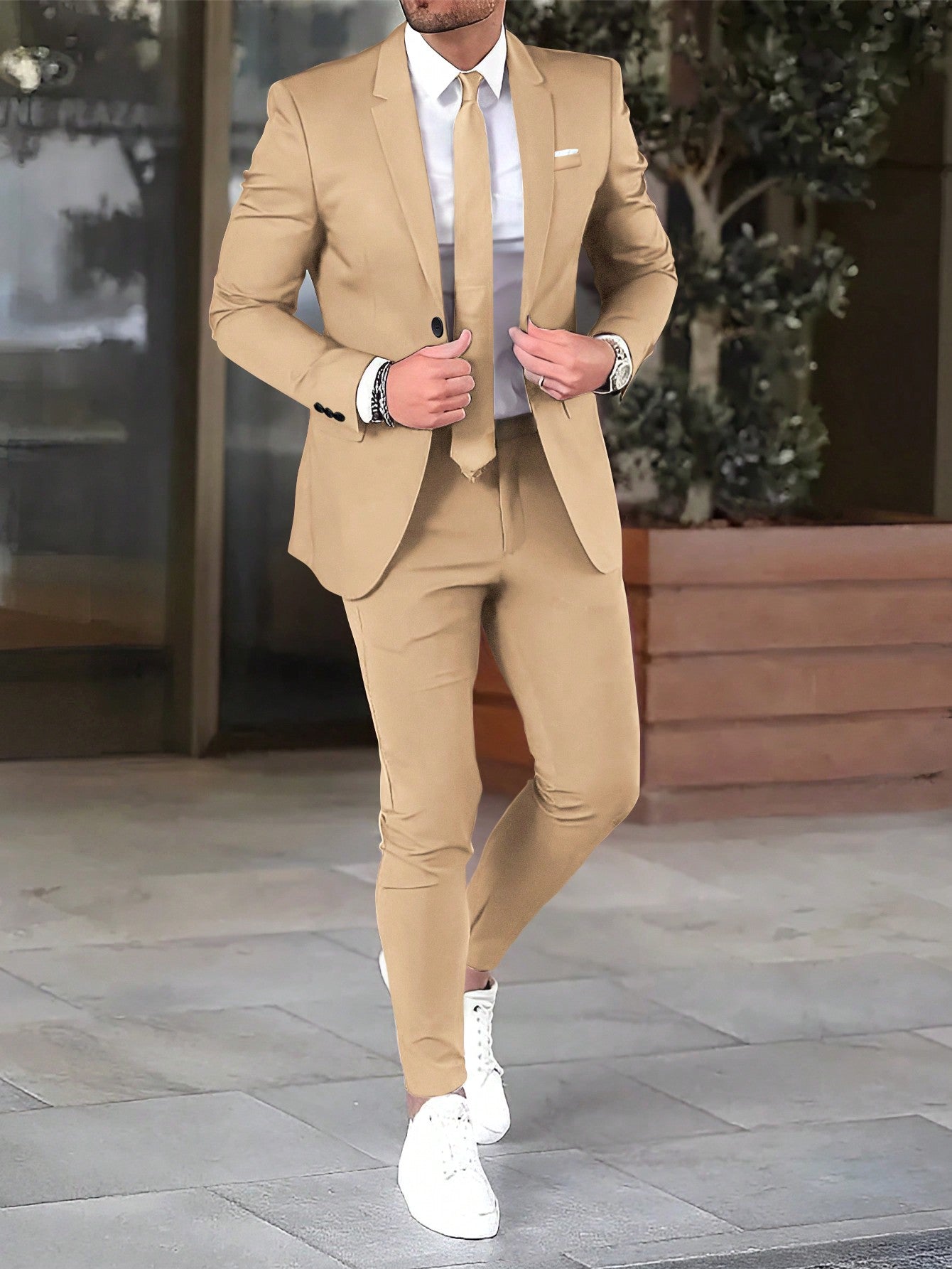 Men's Color-Block Detail Suit Set With Long Coat And Pants