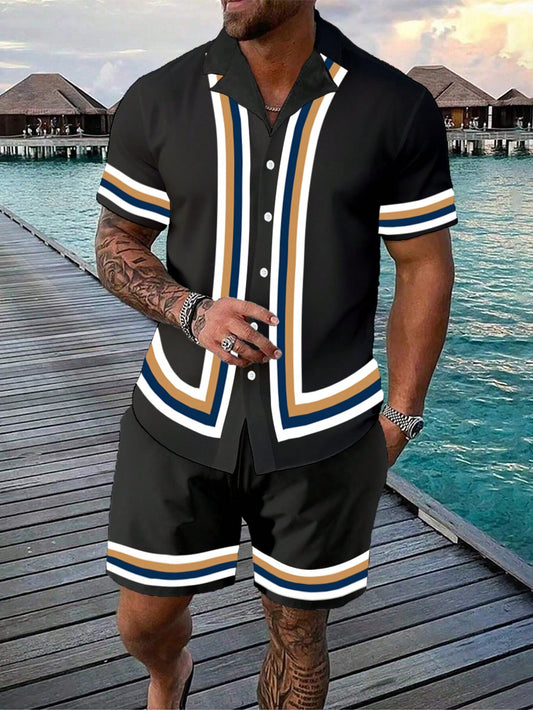 Men's Plus Size Color-Block Striped Short Sleeve Shirt And Shorts Set, Vacation/Casual