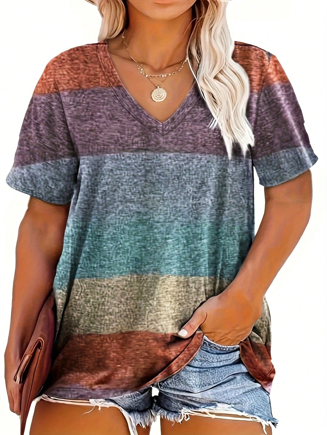 Women's Plus Size Striped V-Neck Casual T-Shirt